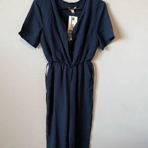 Blue Short Sleeve Plunge Neck Jumpsuit for Work